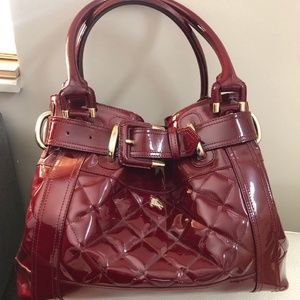 Burberry Beaton Patent Quilted Red Tote, Authentic